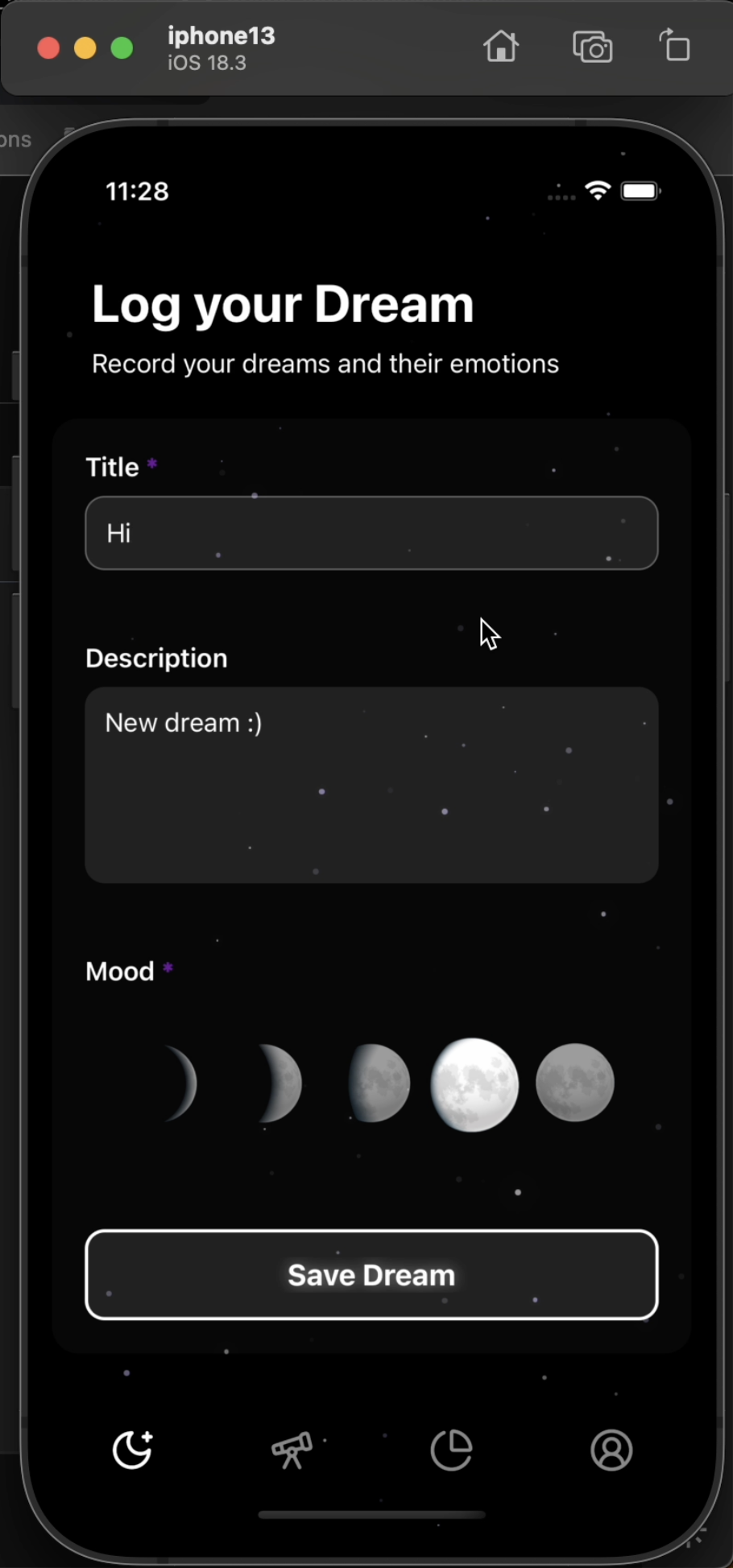 Dream Space — logging a dream, mood picked as a phase of the moon
